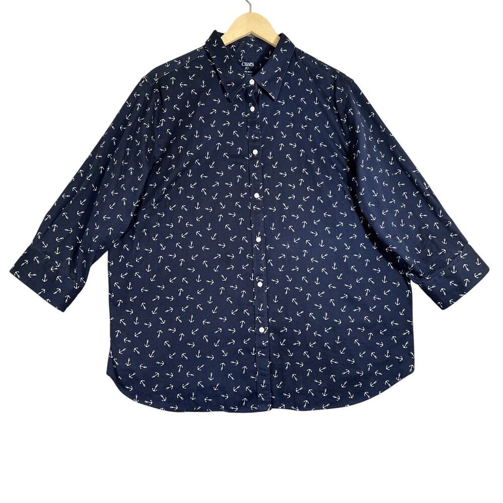 Chaps Button Up Shirt Womens 1X Navy Nautical Print Cotton 3/4 Sleeve Anchors
